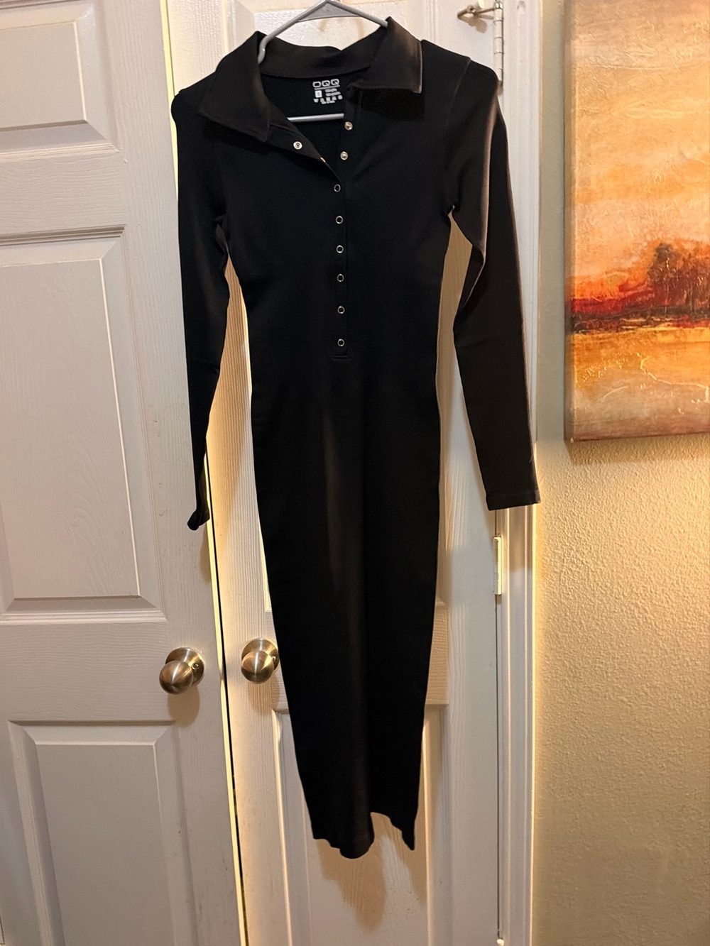 OQQ Black Long-Sleeve Polo Midi Dress